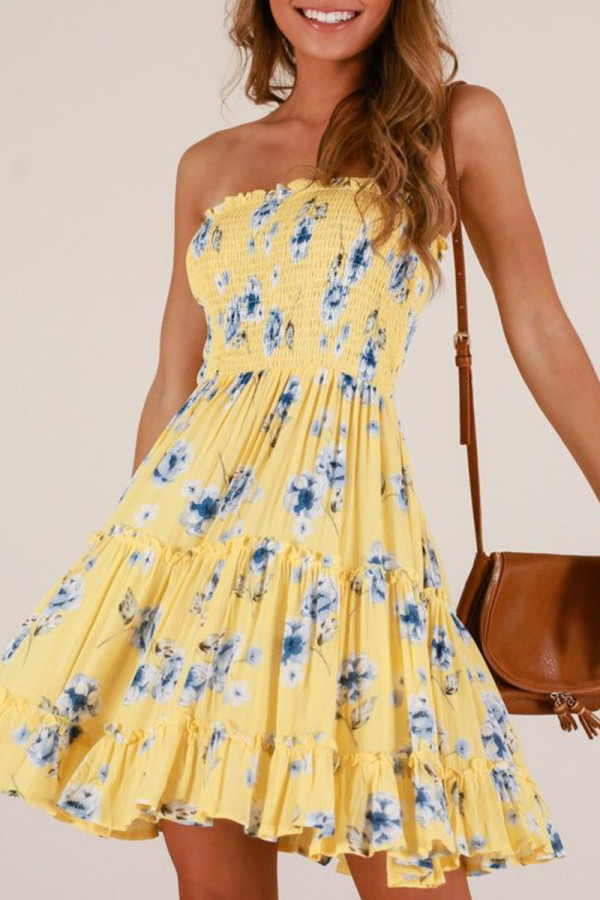 Yellow Fashion Street Print Patchwork Strapless A Line Dresses