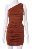 Brown Fashion Sexy Solid Fold One Shoulder Sleeveless Dress