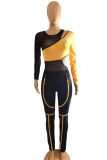 Orange Sexy Patchwork Hollowed Out Mesh O Neck Long Sleeve Two Pieces