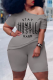 Grey Casual Print Split Joint One Shoulder Plus Size Two Pieces