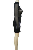 Leopard Print Sexy Print Patchwork See-through Half A Turtleneck Long Sleeve Two Pieces