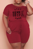 Red Casual Print Patchwork Draw String Plus Size Jumpsuits