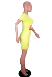 Yellow Sexy Print Ripped O Neck Pencil Skirt Dresses