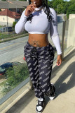 Black Fashion Casual Print Basic Regular Mid Waist Trousers