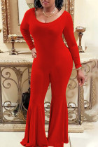 Red Sexy Solid Split Joint Off the Shoulder Skinny Jumpsuits