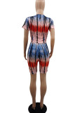 Multicolor Casual Print Patchwork O Neck Short Sleeve Two Pieces