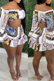 White Sexy Print Patchwork Off the Shoulder Long Sleeve Two Pieces