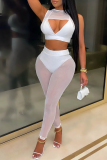 Blue Sexy Solid See-through Mesh O Neck Sleeveless Two Pieces
