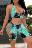 Red Sexy Print Hollowed Out Patchwork Frenulum Halter Sleeveless Two Pieces Swimwear