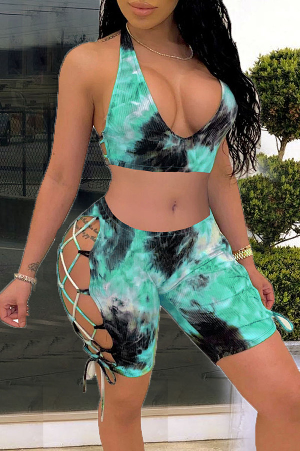 Green Sexy Print Hollowed Out Patchwork Frenulum Halter Sleeveless Two Pieces Swimwear