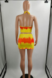 Yellow Sexy Print Hollowed Out Patchwork Halter Pencil Skirt Dresses