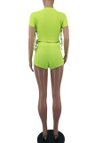 Fluorescent Green Casual Solid Frenulum Asymmetrical O Neck Short Sleeve Two Pieces