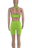 Fluorescent Green Fashion Sexy Solid Hollowed Out Backless Halter Skinny Romper