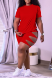 Pink Casual Solid Hollowed Out O Neck Short Sleeve Two Pieces