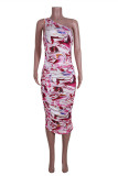 Rose Red Fashion Casual Print Backless Fold One Shoulder Sleeveless Dress