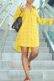 Yellow Fashion Casual Plaid Print Basic Turndown Collar Long Sleeve Dresses