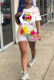 White Fashion Casual Lips Printed Basic O Neck Short Sleeve Two Pieces