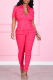 Red Casual Solid Patchwork Turndown Collar Skinny Jumpsuits