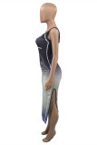 Gradient Color Fashion Print Backless Slit One Shoulder Sleeveless Dress