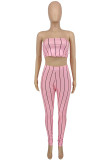 Pink Fashion Sexy Striped Print Backless Strapless Sleeveless Two Pieces