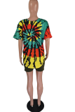 Red Casual Print Patchwork O Neck Short Sleeve Two Pieces