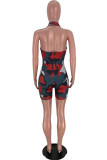 Light Blue Sexy Casual Camouflage Print Backless Halter Skinny Romper