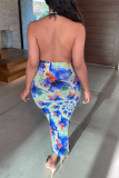 Blue Sexy Print Hollowed Out Halter Pencil Skirt Dresses