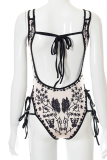 Black Sexy Print Hollowed Out Draw String Swimwears