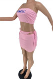 Pink Fashion Sexy Print Backless Strap Design Strapless Sleeveless Three-piece Set