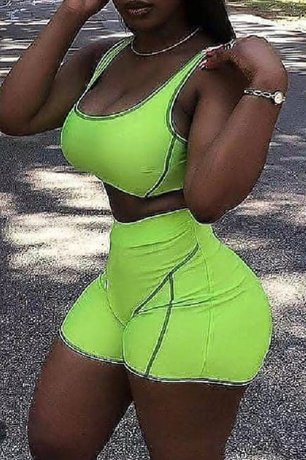 Green Casual Sportswear Solid Backless U Neck Sleeveless Two Pieces