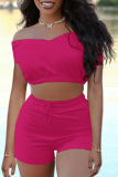 Rose Red Casual Solid Patchwork Off the Shoulder Short Sleeve Two Pieces