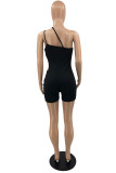 Black Fashion Sexy Solid Hollowed Out Backless One Shoulder Skinny Romper