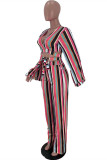 Pink Fashion Casual Striped Print Bandage V Neck Long Sleeve Two Pieces