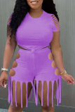 Purple Casual Solid Hollowed Out O Neck Short Sleeve Two Pieces