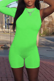 Fluorescent Green Fashion Casual Solid Basic O Neck Long Sleeve Skinny Romper
