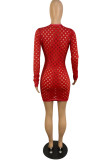 Red Fashion Sexy Solid Hollowed Out See-through V Neck Long Sleeve Dresses
