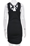 Black Sexy Solid Patchwork Backless Fold Pencil Skirt Dresses
