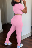 Pink Casual Solid Patchwork O Neck Short Sleeve Two Pieces