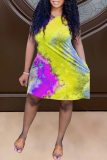 Yellow Casual Patchwork Tie-dye O Neck Straight Dresses