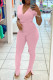 Pink Fashion Casual Solid Bandage Slit V Neck Short Sleeve Two Pieces