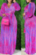 Fuchsia Sexy Print Patchwork V Neck Long Sleeve Two Pieces