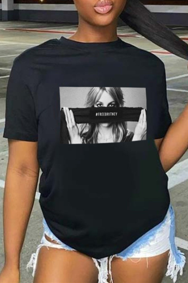 Black Fashion Casual Print Basic O Neck T-Shirts