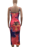 Red Sexy Print Tie Dye Patchwork Spaghetti Strap Pencil Skirt Dresses
