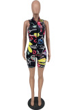 Black Casual Sportswear Print Basic Zipper Collar Skinny Romper