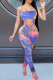 Blue Sexy Patchwork Tie-dye Spaghetti Strap Skinny Jumpsuits