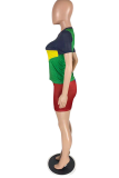 Red Casual Color Block Patchwork O Neck Short Sleeve Two Pieces