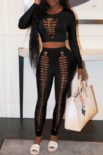 Black Sexy Solid Ripped O Neck Long Sleeve Two Pieces