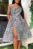 Red Celebrities Print Patchwork High Opening Slit Spaghetti Strap A Line Dresses