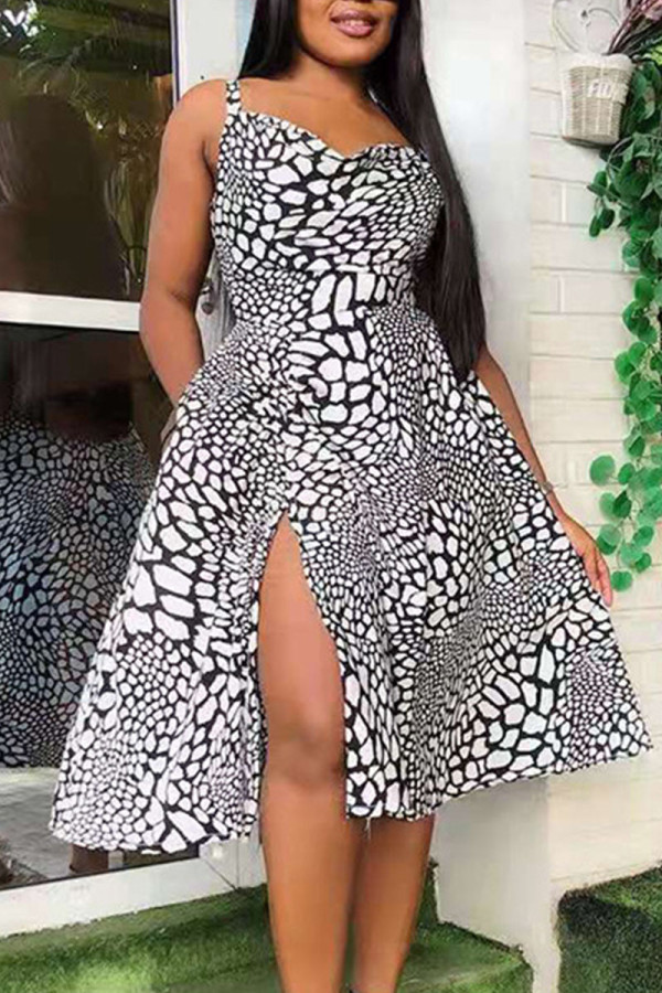 White Celebrities Print Patchwork High Opening Slit Spaghetti Strap A Line Dresses