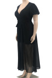 Black Casual Solid Patchwork Frenulum V Neck Short Sleeve Dress Plus Size Dresses